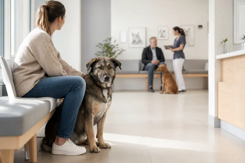 Ein Mazedonischer Hirtenhund sitzt ruhig neben seinem Besitzer im hellen Wartezimmer einer modernen Tierarztpraxis.